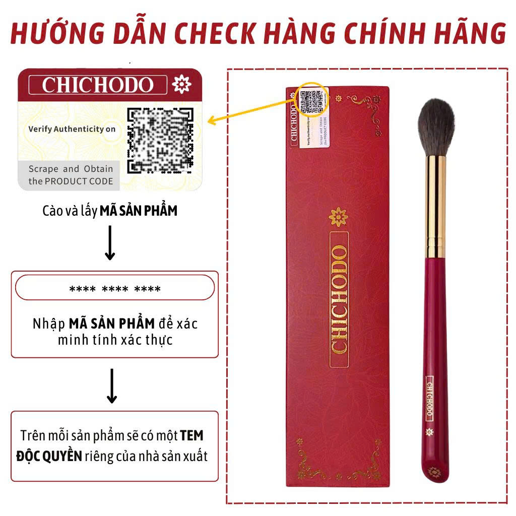 Cọ Đánh Highlight, Setting và Má Hồng Chichodo Tapered Highlighting C108 – Cán Đỏ, Lông Tự Nhiên